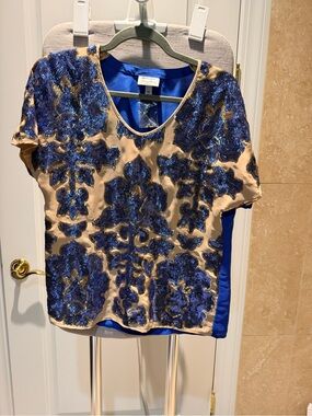 Embellished Blue Sequin Floral Overlay Blouse — Women's